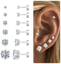 6 Pairs Hypoallergenic Silver Flat Back Earrings for Women,Stud Cartilage Earrings for Sensitive Ears Cubic Zirconia Ball Earring Screw Back Helix Conch Piercing Sets Trendy Jewelry