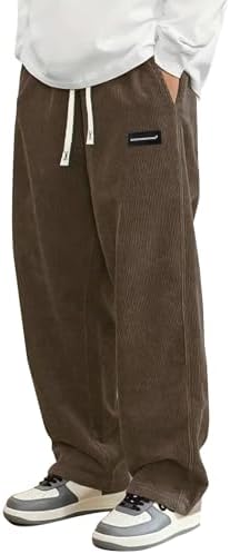 Mens Corduroy Casual Pants Fashion Loose Fit Wide Leg Pants Straight Sweatpants Elastic Waist Drawstring