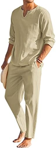 COOFANDY Men's 2 Pieces Cotton Linen Set Henley Shirt Long Sleeve and Casual Beach Pants Summer Yoga Outfits