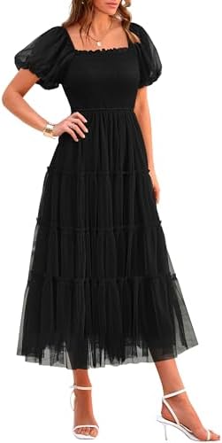 PRETTYGARDEN Women's Smocked Midi Tulle Dress 2026 Summer Puffy Short Sleeve Square Neck Ruffle Wedding Guest Party Dresses