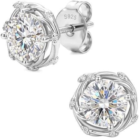 NORBU Moissanite Stud Earrings for Women, 18K White Gold Plated 925 Sterling Silver, Round Cut Lab Created Diamond Earrings Jewelry Gifts for Valentine's Day Birthday Anniversary