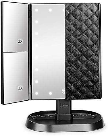 deweisn Trifold Lighted Vanity Makeup Mirror with 21 LEDs Lights,1x/2x/3x Magnification and Touch Screen Dimming,Two Power Supplies Makeup Mirror, Gift for Women