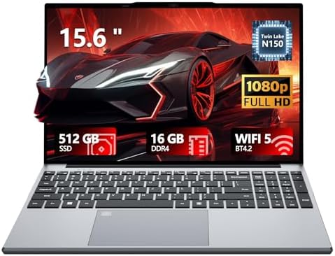 2026 Laptop, 15.6 inch Laptop Computer, 16GB RAM 512GB SSD, Celeron N150, Lap top with Backlit KB Fingerprint, WiFi5, BT4.2, 180° Open, Mini HDMI, Win 11 Pro