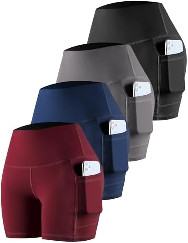 CHRLEISURE Womens Biker Yoga Shorts with Pockets: High Waisted Tummy Control Spandex Workout Athletic Gym Shorts 4 Packs