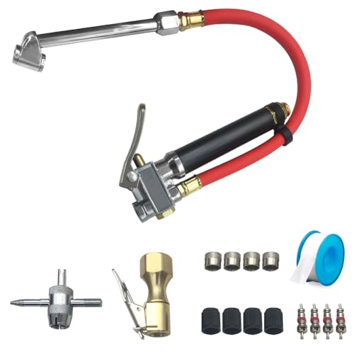 JoyTube 10-120 PSI Heavy Duty Tire Inflator Gauge with 12" Air Compressor Hose, 4 Way Tool & Valve Cores, Tire Pressure Gauge & Inflator for Car, Automotive, Truck