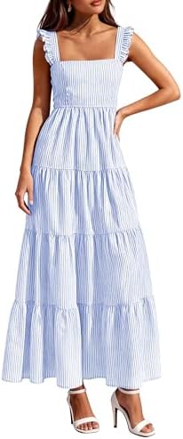 PRETTYGARDEN Womens 2026 Summer Casual Maxi Dresses Striped Square Neck Sleeveless Boho Flowy Sundress Beach Vacation Clothes