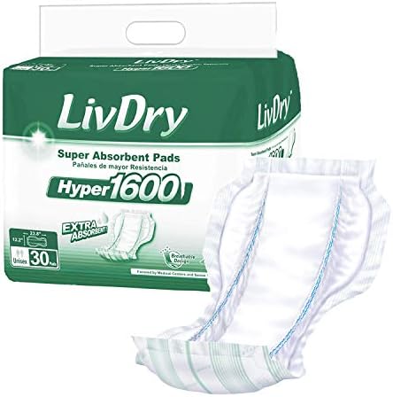 LivDry High Absorbency Pad Insert for Incontinence Briefs and Adult Diapers, Women and Men, Hyper 1600 (30 Count)