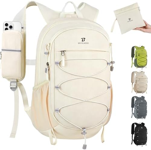BECOJADDE Hiking Backpack 15L Small Backpack Packable Day pack Water Resistant Lightweight Travel Backpack for Women Men with Shoulder Strap Pockets for Hiking Camping Outdoor, Beige