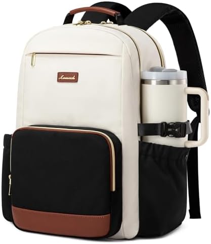 LOVEVOOK Laptop Backpack for Women with Pouch Pocket for Large Capacity Cup,15.6 Inch Laptop Computer Bag Travel Backpack Purse,Waterproof Work Business Backpack College Teacher Bags,Beige-Black-Brown