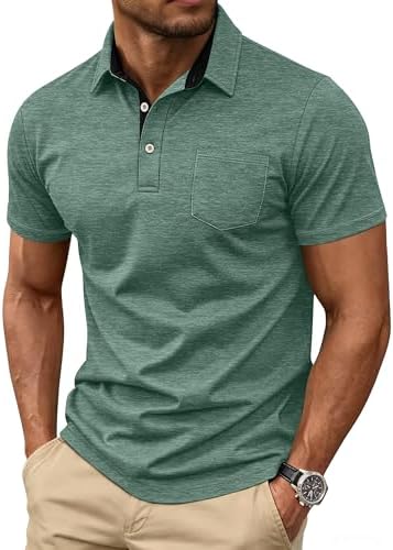 Mens Short Sleeve Polo Shirts Collared Business Casual Polo T Shirts with Pocket