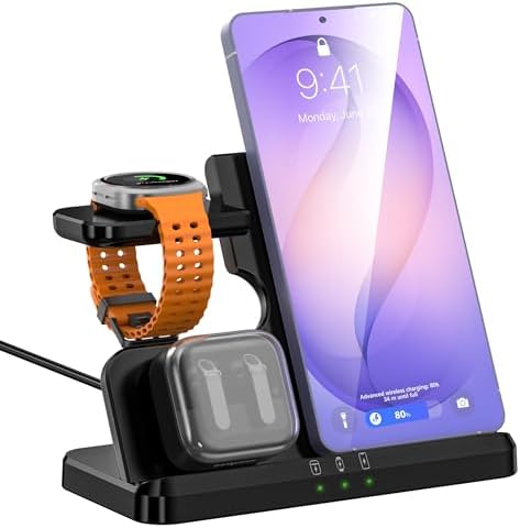 3 in 1 Charging Station for Samsung, 15W Fast Wireless Charger Stand for Samsung Galaxy S26/S25/24 Series, Watch Ultra/8/7/6, Buds 4/3/pro (with 18W Adapter, Black)