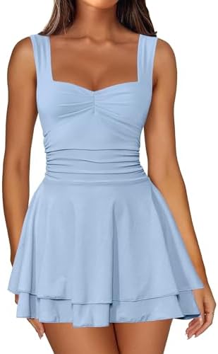 IWD Women's Square Neck Sleeveless Mini Dress Ruched Waist Tiered Ruffle Hem A Line Short Dresses
