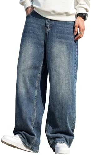 DFGIGT Men's Baggy Hip Hop Jeans Wide Leg Skater Denim Pants Casual Loose Fit Long Trousers Streetwear