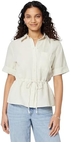 Amazon Essentials Women's Relaxed-Fit Linen Blend Wide Sleeve Shirt with Adjustable Waist Black
