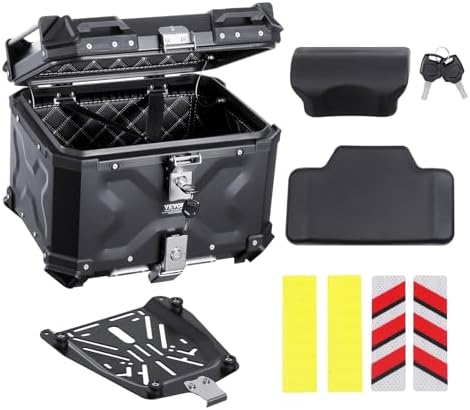 VEVOR Motorcycle Top Case 45L, Universal Aluminum Alloy Motorbike Tail Box with Leather Lining, 45L Waterproof Detachable Motorcycle Top Box with Lock & Back Cushion, Fit for 99% of Motorcycle Frames