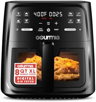 Gourmia 8 Qt Air Fryer, 8 Presets with Digital Display, FryForce 360° Technology, Easy View Window & Interior Light, Dishwasher Safe Basket, Black