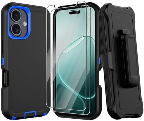 RubCase for iPhone 16 Case, Military Grade Shockproof Phone Case with Kickstand & Belt Clip Holster | Screen Protector, 360 Full Body Tough Bumper Heavy Duty Protective Cover 6.1 inch (Black & Blue)