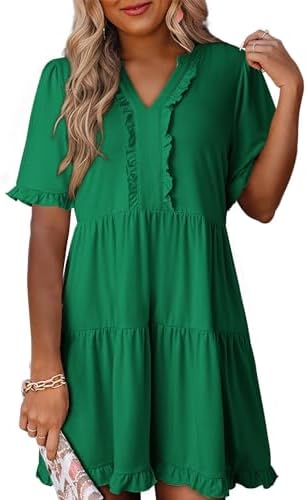 Dokotoo Womens Summer Dresses 2026 V Neck A Line Short Sleeve Casual Ruffle Babydoll Mini Dress