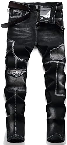 XIMXIMMTIAN Men's Biker Moto Washed Distressed Slim Fit Straight Jeans Denim