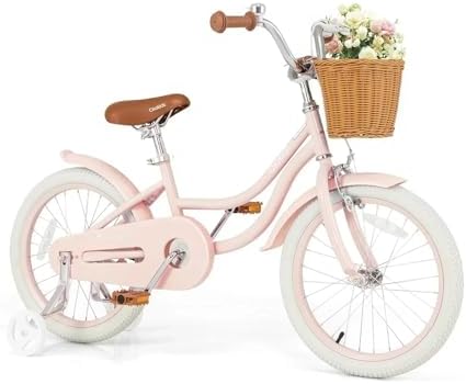Olakids Kids Bike, 12 14 16 18 20 Inch Toddlers Bike with Training Wheels Rattan Basket Safety Bell Adjustable Seat and Handlebar, Children's Bicycle for Girls Boys