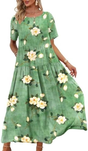 YESNO Women Casual Loose Bohemian Floral Dress with Pockets Short Sleeve Long Maxi Summer Beach Swing Dress EJF