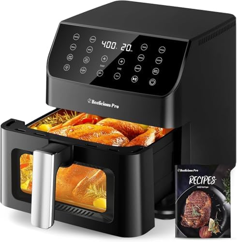 Beelicious 5.8QT Large Air Fryer, 12-in-1 Digital Airfryer with View Window Air Fryers, 40+ Recipes, Flavor-Lock Tech, Dishwasher Safe,Shake Reminder, Compact, Quiet, Nonstick. Black