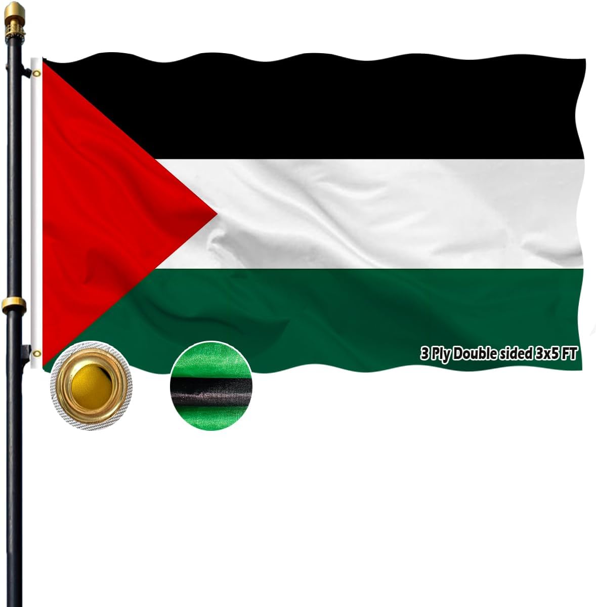 VOLTA Double Sided Palestine Flag 3x5ft, Outdoor Heavy Duty 3-Ply Durable Polyester Palestine Flag with Canvas Header\/Brass Grommets for Indoor and Outdoor Decoration