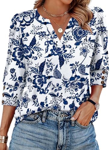 WIHOLL 3/4 Length Sleeve Womens Tops with Button Cuffs Dressy Casual V Neck Summer Outfits Early Fall Fashion Spring Clothes