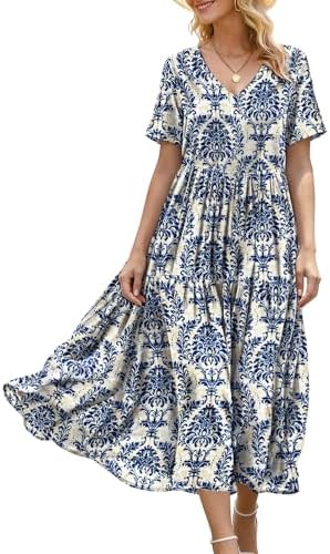 YESNO Women's Summer Maxi Dresses Casual Floral Short Sleeve V Neck Boho Beach Vacation Swing Dress with Pockets EVF