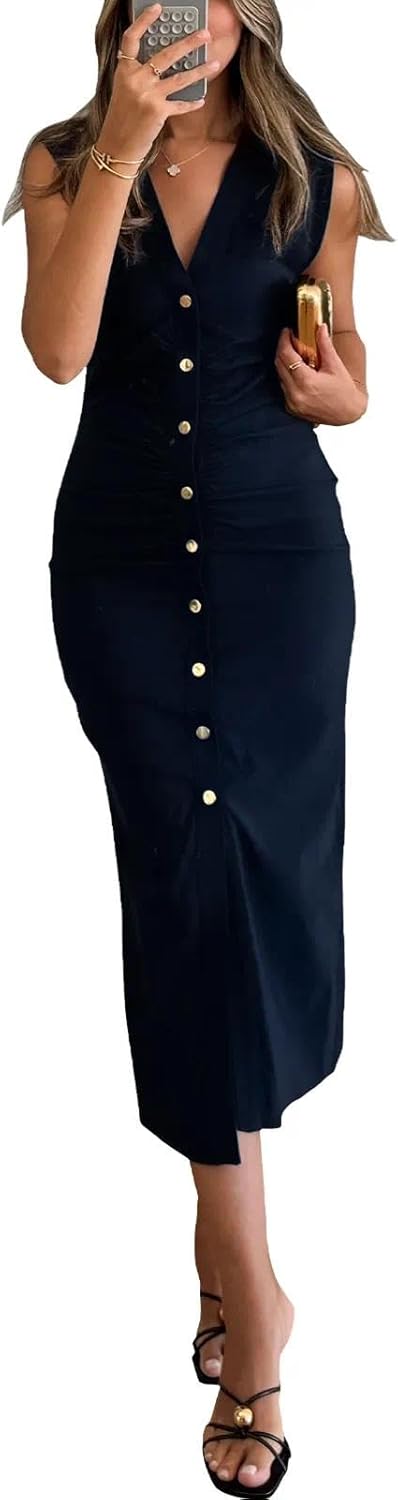 ZERMOM Women's V Neck Button Down Long Dress Bodycon Business Ruched Casual Sleeveless Tank Dresses