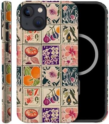Case Compatible with iPhone 15,Compatible with MagSafe,Fall Prevention Hybrid 2-Layer Hard Shell Cases for Girls Boys,Vintage Flower Orange Stamp Collage