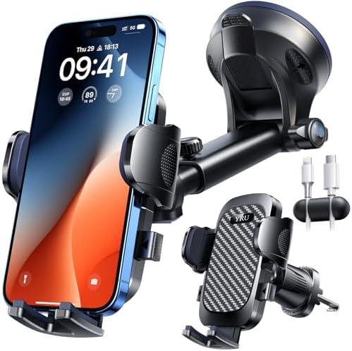 YRU True Military-Grade [360° Rotation Suction] 2026 Ultimate Car Phone Holder Mount 【90+LBS Safest Strongest & Patent Certs】 Dash Windshield Vent for iPhone 17 16 Pro Max Speaker Stands, Gloss Black