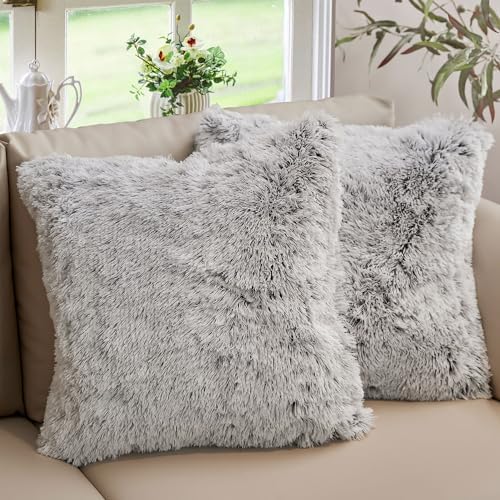 Cheer Collection Throw Pillows for Couch and Bed, Soft Shaggy Throw Pillows with Inserts Included, Cozy Long Hair Faux Fur Pillows - Set of 2-20" x 20" - Gray