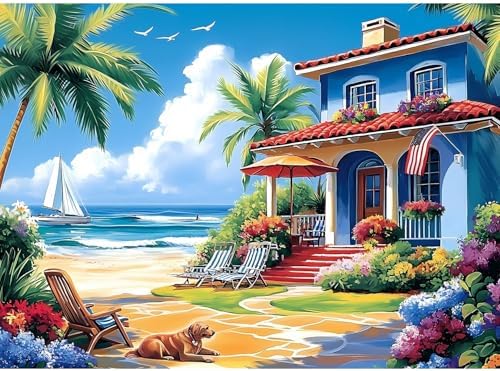 500 Piece Puzzle for Adults – Coastal Beach House Jigsaw Puzzles 500 Pieces, Ocean View Vacation Scene with Palm Trees & Dog, Relaxing Adult Puzzle, 20.5 x 15 in