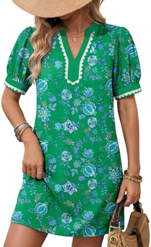 Dokotoo Summer Dresses for Women 2026 Boho Floral Puff Short Sleeve V Neck Trim Casual Mini Dress Sundress