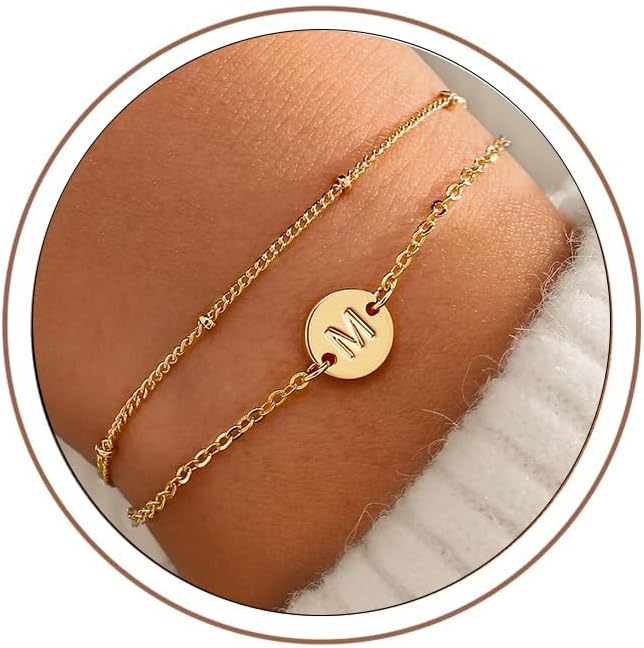 MONOZO Gold Initial Bracelets for Women Girls Jewelry Gifts Trendy - Dainty 18K Gold Plated Disc Monogram Letter A-Z Initial Bracelets for Women Girls Teens Personalized Letter Bracelet Birthday Gifts