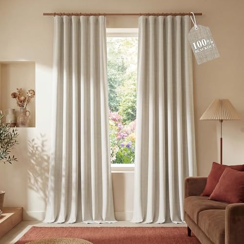 NICETOWN DIY Pinch Pleat Greige 100% Blackout Linen Curtains 96 inches Long, Back Tab/Rod Pocket/Hook Belt Heavyweight Window Treatments White Liner for Bedroom, 2 Panels, W52 x L96