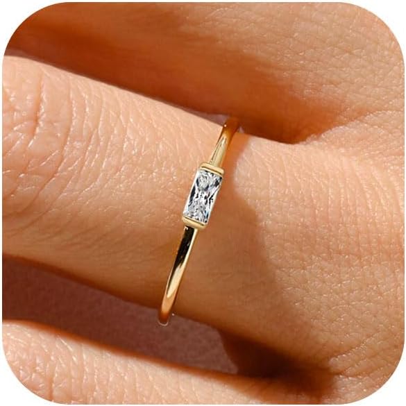 RLMOON Birthstone Rings for Women Non Tarnish Gold Stackable Rings Dainty 14K Gold\/Silver Plated Baguette CZ Emerald Green Pinky Ring Personalized Jewelry Gift for Birthday Size 4-10