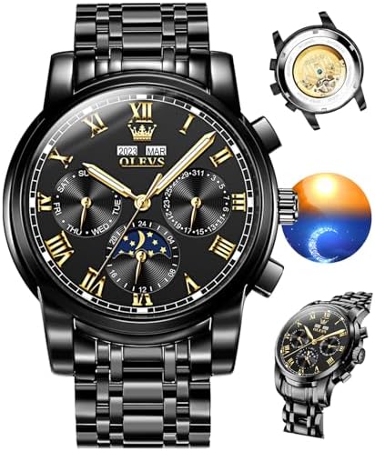 OLEVS Watch Men Automatic Watches for Men Luxury Mechanical Classic Stainless Steel Moon Phase Waterproof Dress Roman Numerals Big Face Chronograph Wrist Watch for Man