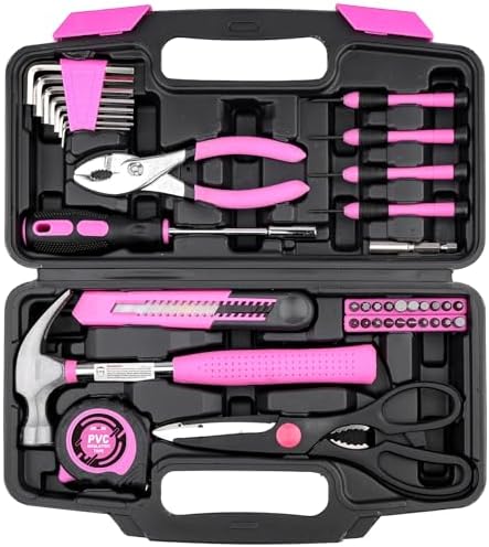 DOWELL 40 Pieces Home Tool Set Pink, General Household Hand Tool Kit with Plastic Toolbox Storage Case, Mini Repair Tool kit for Women, College Students, Home Use & More