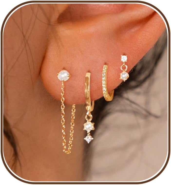SELSHE Gold Plated Earrings for Women, 14k Gold Plated Earring Stack Hypoallergenic Pearl Drop Earring Dainty Earrings for Women Trendy Cute Small Huggie Hoop Earring Fashion Womens Jewelry