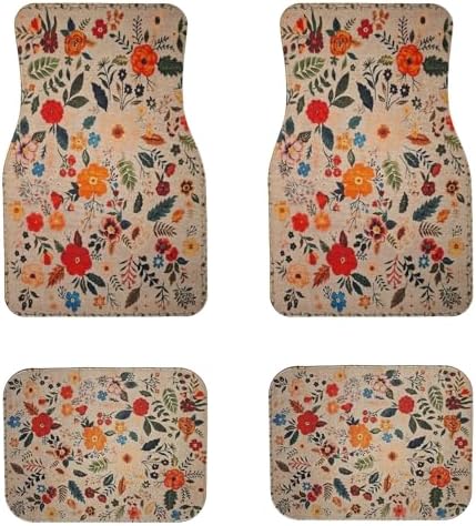 Luxury Floral Car Mats for Women Premium Linen Bohemian Car Floor Mats Full Set | Waterproof Boho Car Decor Accessories | Universal Fit Rubber Backing for Auto SUV Sedan