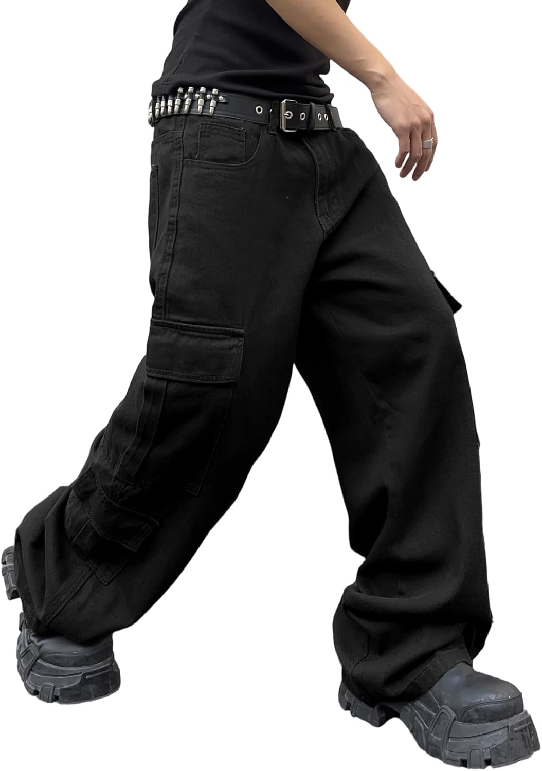 DFGIGT Baggy Denim Cargo Pants for Men with Pockets Mid Weight Wide Leg Hip Hop Skater Jeans Streetwear