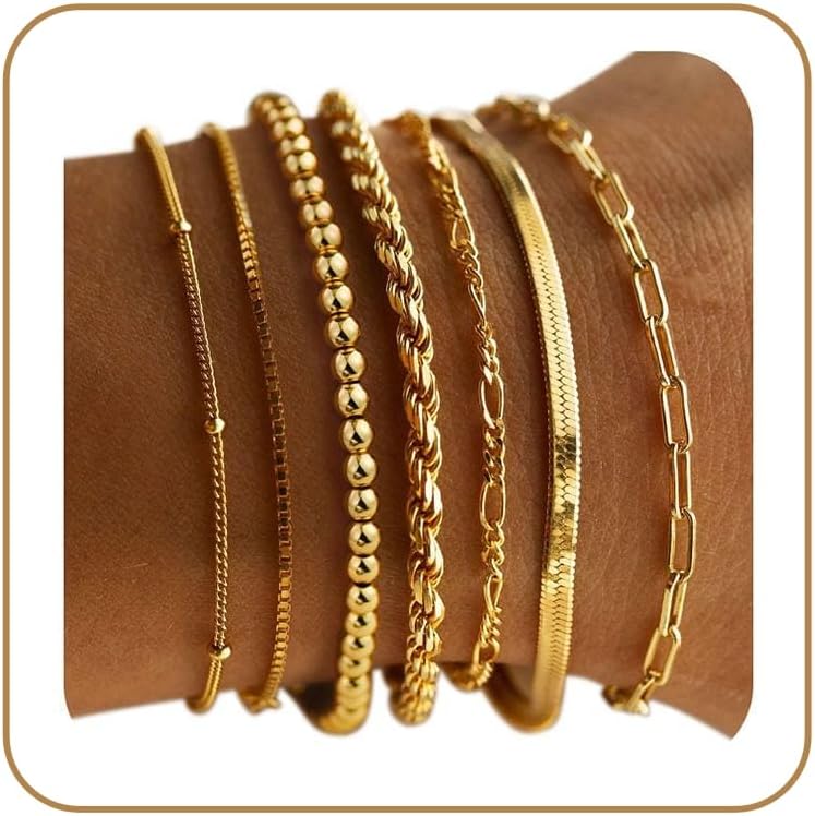 M MOOHAM 7PCS Gold Bracelets for Women - 14K Real Gold Plated Beaded Bracelets Set Rope Paperclip Chain Stackable Bracelet Non Tarnish, Friendship Birthday Jewelry Gifts for Women Teen