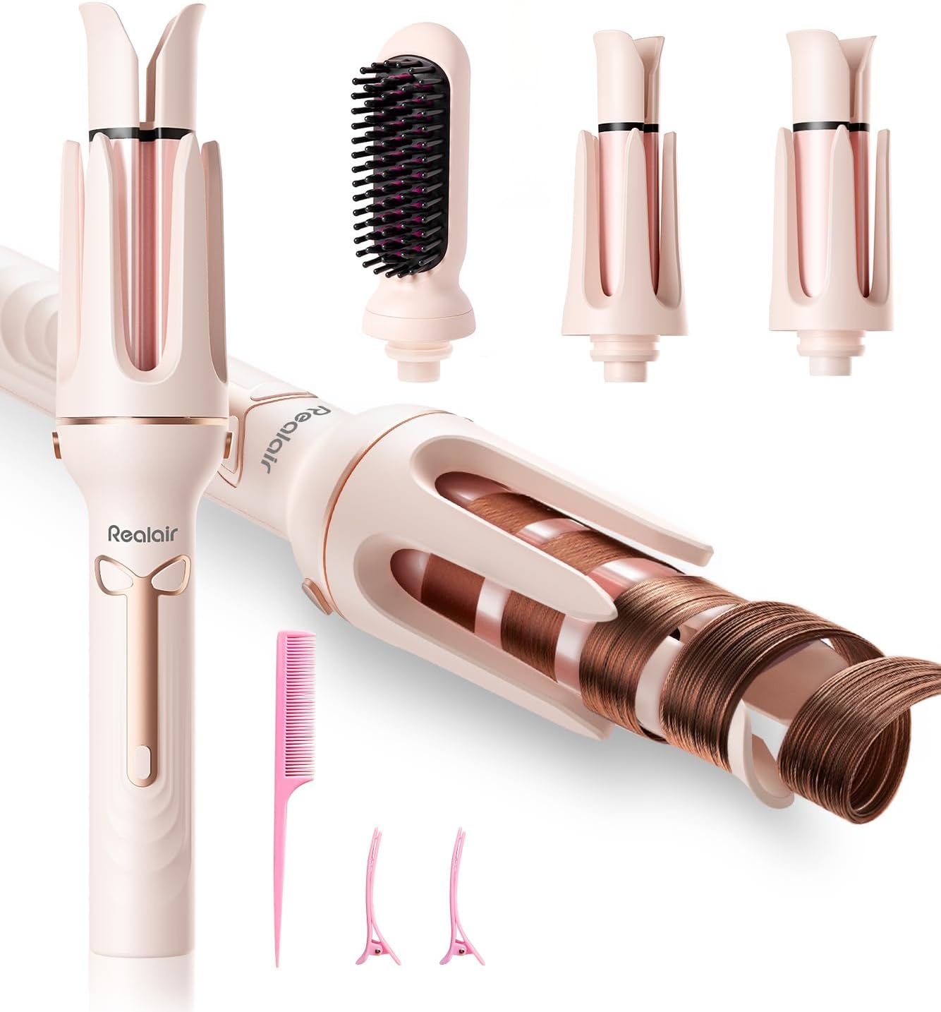Auto Hair Curler, 3-in-1 Automatic Curling Iron &amp; Brush Set, 1" &amp; 1.25" Interchangeable Rotating Barrels, Anti-Scald &amp; Anti-Tangle Wand for Hair Styling, Auto Shut-Off, Dual Voltag