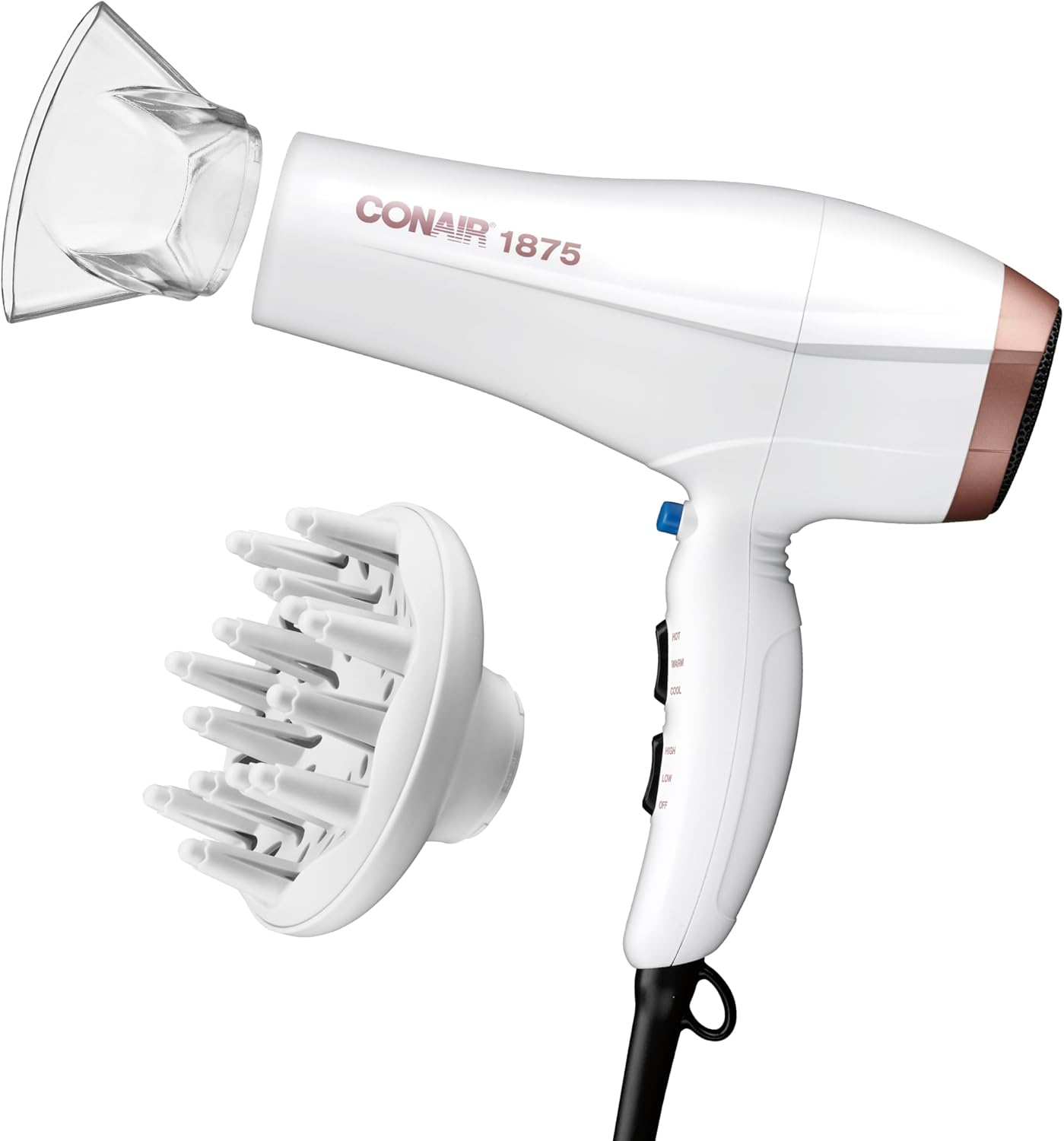 Conair Double Ceramic Hair Dryer with Diffuser | Blow Dryer with Ionic Conditioning | Includes Diffuser and Concentrator | Amazon Exclusive, White