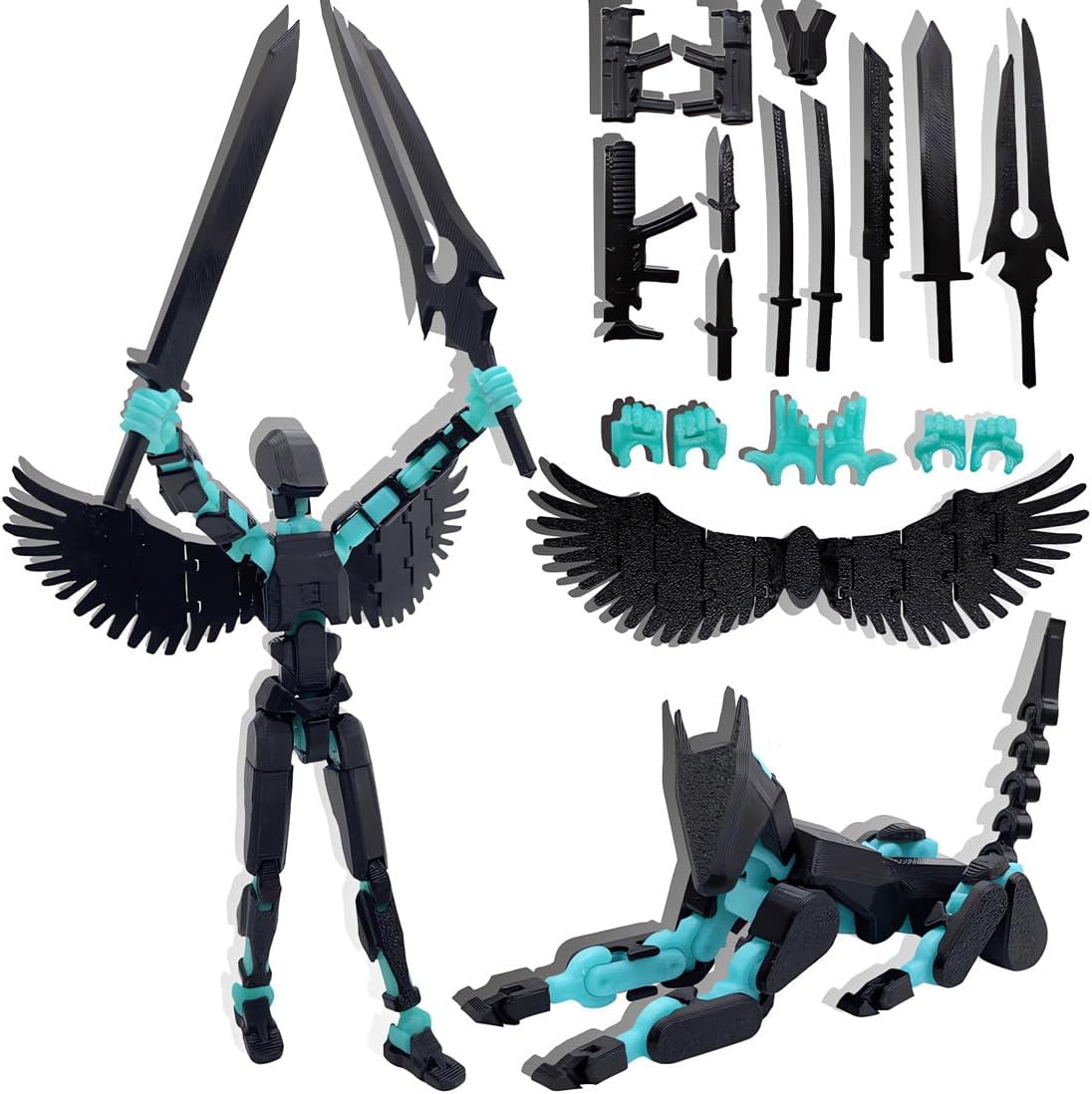 masijssa T13 3D Action Figures Set Titan 13 Action Figure Dummy 3D Printed Robo Multi-Jointed Movable Toy with Full Articulation for Collectors Desktop (Assembly Completed Black Blue Figure + Dog)
