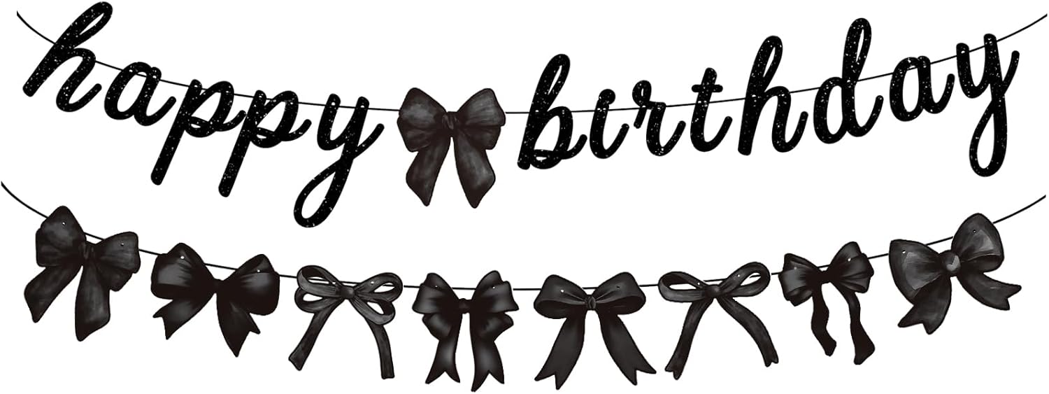 Black Bow Happy Birthday Banner Garland for Baby Shower Girl Black White Bow Party Decor Coquette Birthday Party Decorations