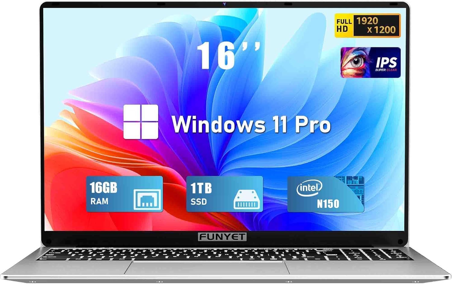 FUNYET Laptop Computer, Gaming Laptops 2026, 16 Inch Lap Top PC Windows 11 Pro, 16GB RAM 1TB SSD, Intel N150 Processor(up to 3.6GHz), Office 365, Backlit Keyboard, 2-Year Warranty