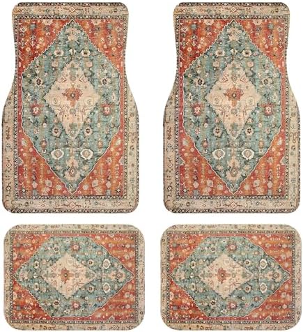 Linen Persian Car Floor Mats Full Set | Vintage Oriental Car Decor for Women Waterproof All-Weather Universal Fit for SUV, Sedan | Luxury Car Accessories, Non-Slip
